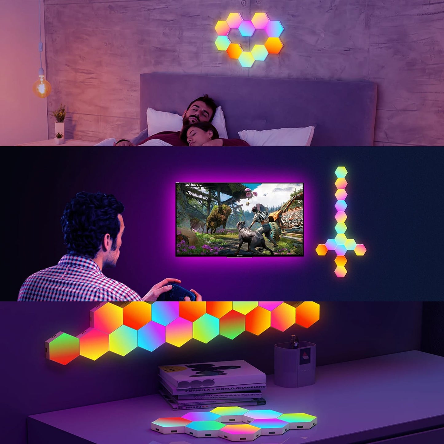 Set 8 lampi RGB hexagonale modulare de perete, NEXTLY, control prin aplicatie, telecomanda, moduri multiple, sincronizare muzicala, microfon, timer, luminozitate ajustabila