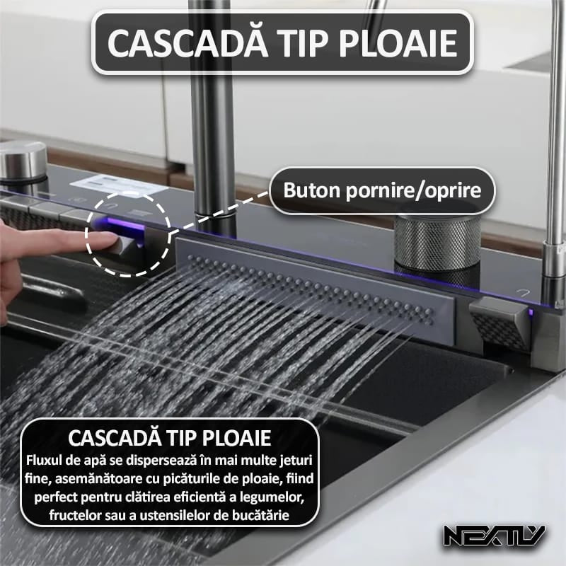 Chiuveta multifunctionala smart pentru bucatarie NEXTLY, robinet flexibil, cascada integrata, robinet tip ploaie, panou de control tactil, afisaj digital LCD, accesorii incluse, kit complet de instalare, otel inoxidabil, 80x45cm, gri antracit