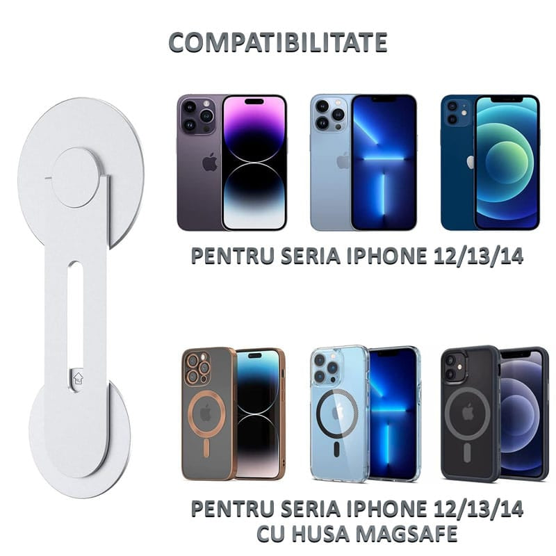 Suport magnetic pentru iPhone 12/13/14 si telefoane cu inele magnetice NEXTLY, atasare pe laptop/monitor, rotatie 180° si 360°, argintiu