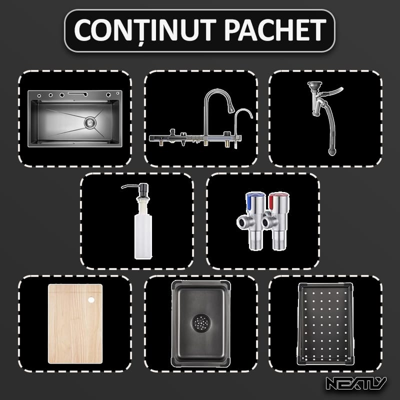 Chiuveta multifunctionala smart pentru bucatarie NEXTLY, robinet flexibil, cascada integrata, robinet tip ploaie, panou de control tactil, afisaj digital LCD, accesorii incluse, kit complet de instalare, otel inoxidabil, 80x45cm, gri antracit