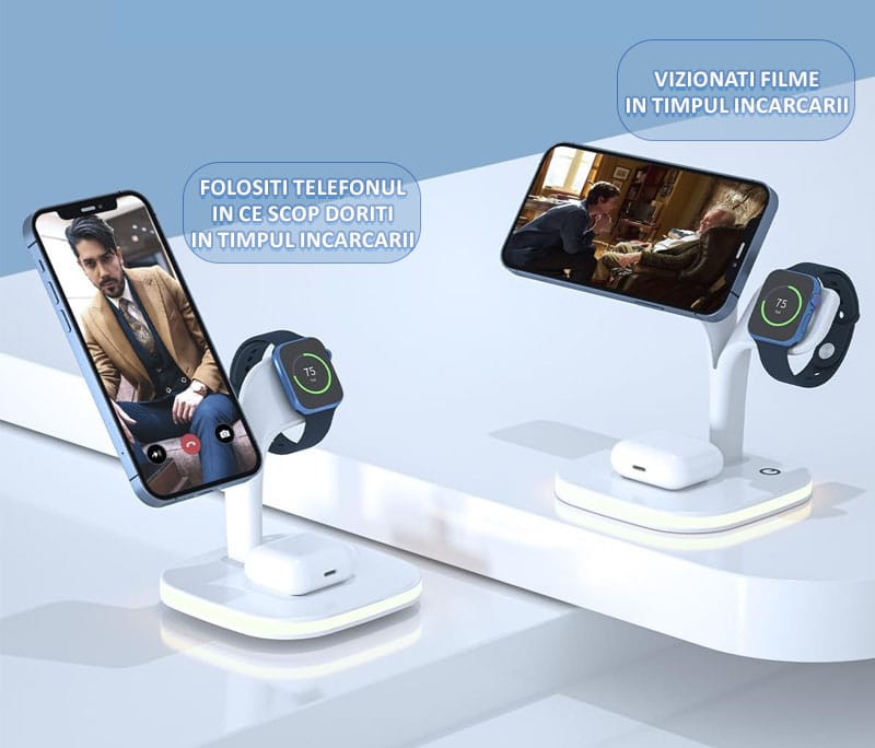 Incarcator wireless magnetic NEXTLY pentru iPhone 12/13/14 Mini/Pro/Pro Max/Plus, AirPods 2/3/Pro, Apple Watch 2/3/4/5/6/7/8/SE, Fast Charger 15W, lumina ambientala LED, suporta husa Mag Safe, alb