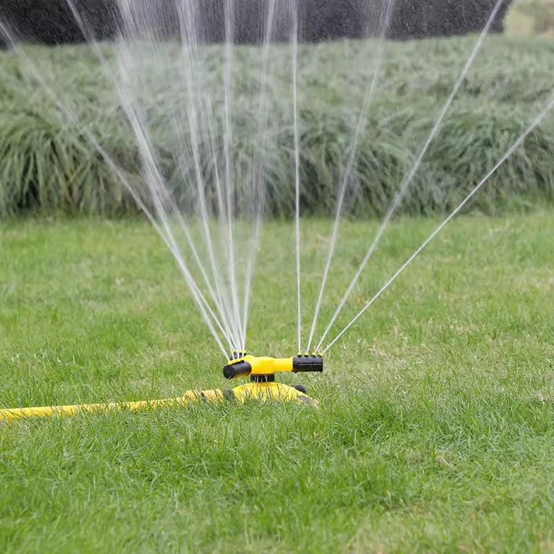 Aspersor rotativ pentru gradina NEXTLY, sistem de irigare cu 3 capete pentru gazon si plante, 2 moduri de pulverizare, rotatie 360°, conectare multipla, galben