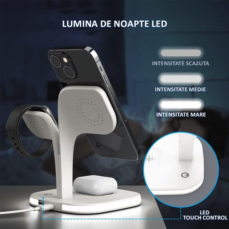 Incarcator wireless magnetic NEXTLY pentru iPhone 12/13/14 Mini/Pro/Pro Max/Plus, AirPods 2/3/Pro, Apple Watch 2/3/4/5/6/7/8/SE, Fast Charger 15W, lumina ambientala LED, suporta husa Mag Safe, alb