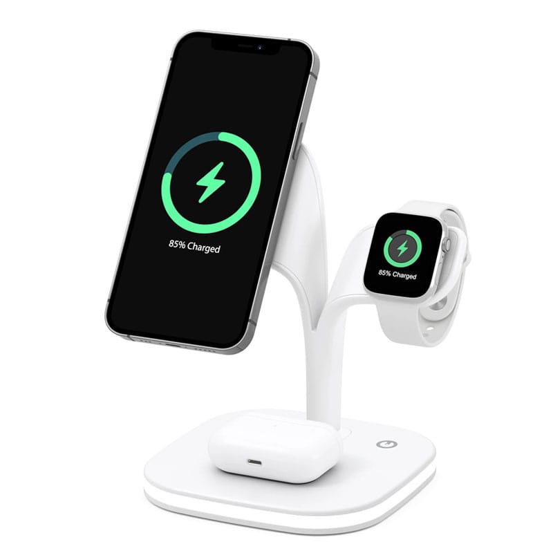 Incarcator wireless magnetic NEXTLY pentru iPhone 12/13/14 Mini/Pro/Pro Max/Plus, AirPods 2/3/Pro, Apple Watch 2/3/4/5/6/7/8/SE, Fast Charger 15W, lumina ambientala LED, suporta husa Mag Safe, alb