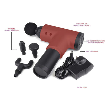 Aparat de masaj gun, profesional, NEXTLY, 6 trepte de viteza, 4 capete interschimbabile, potrivit pentru relaxarea muschilor, rosu