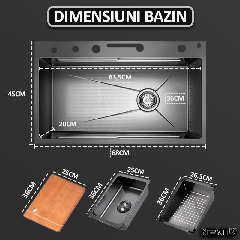 Chiuveta multifunctionala smart pentru bucatarie NEXTLY, robinet flexibil, cascada integrata, robinet tip ploaie, panou de control tactil, afisaj digital LCD, accesorii incluse, kit complet de instalare, otel inoxidabil, 68x45cm, negru grafit