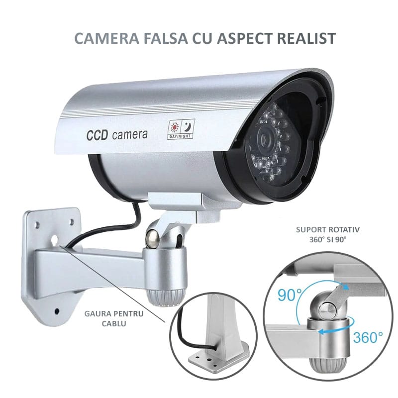 Camera de supraveghere falsa NEXTLY pentru exterior/interior, led rosu intermitent, rotire 360°/90°, waterproof, baterii AA, argintiu