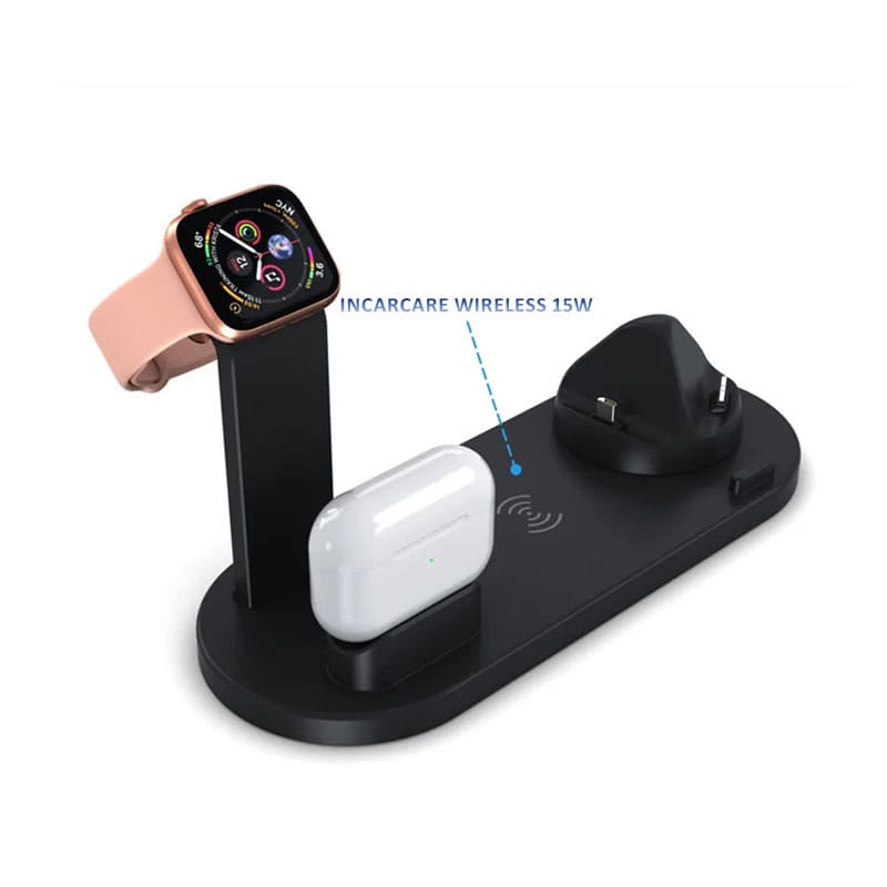 Incarcator wireless telefon 6 in 1, Apple Watch, AirPods, NEXTLY, stand rotativ cu 3 mufe Tip C, MicroUSB, iPhone, Fast Charge 15W, compatibil cu iPhone, Samsung si telefoane universale care au functi