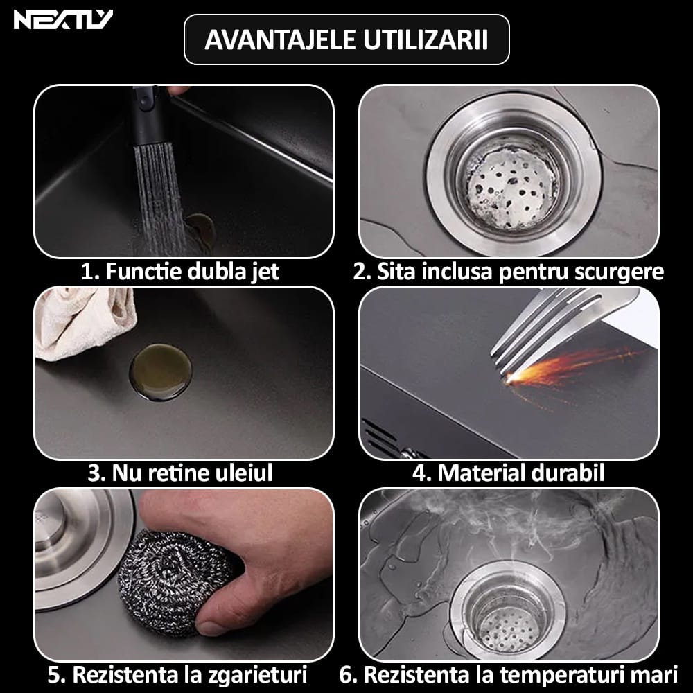 Set chiuveta si baterie tip lebada pentru bucatarie, NEXTLY, multifunctionala, include dozator detergent, cosulet, robineti, racorduri, scurgere, sita, dop, cap baterie extensibil cu doua moduri de je