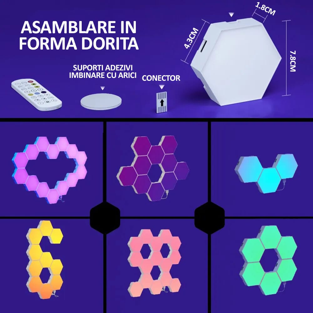 Set 10 lampi RGB hexagonale modulare de perete, NEXTLY, control prin aplicatie, telecomanda, moduri multiple, sincronizare muzicala, microfon, timer, luminozitate ajustabila