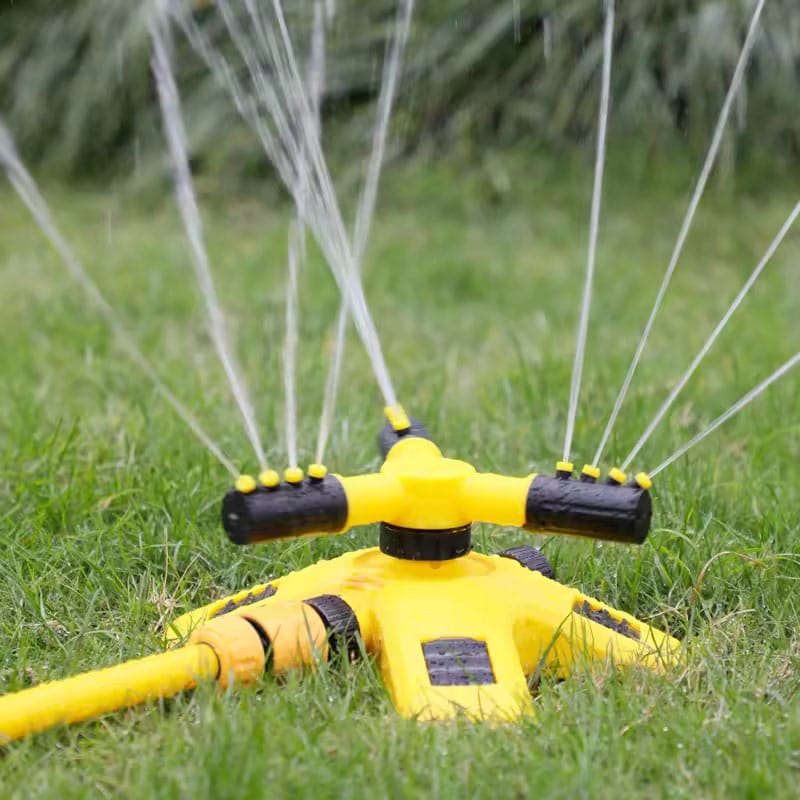 Aspersor rotativ pentru gradina NEXTLY, sistem de irigare cu 3 capete pentru gazon si plante, 2 moduri de pulverizare, rotatie 360°, conectare multipla, galben