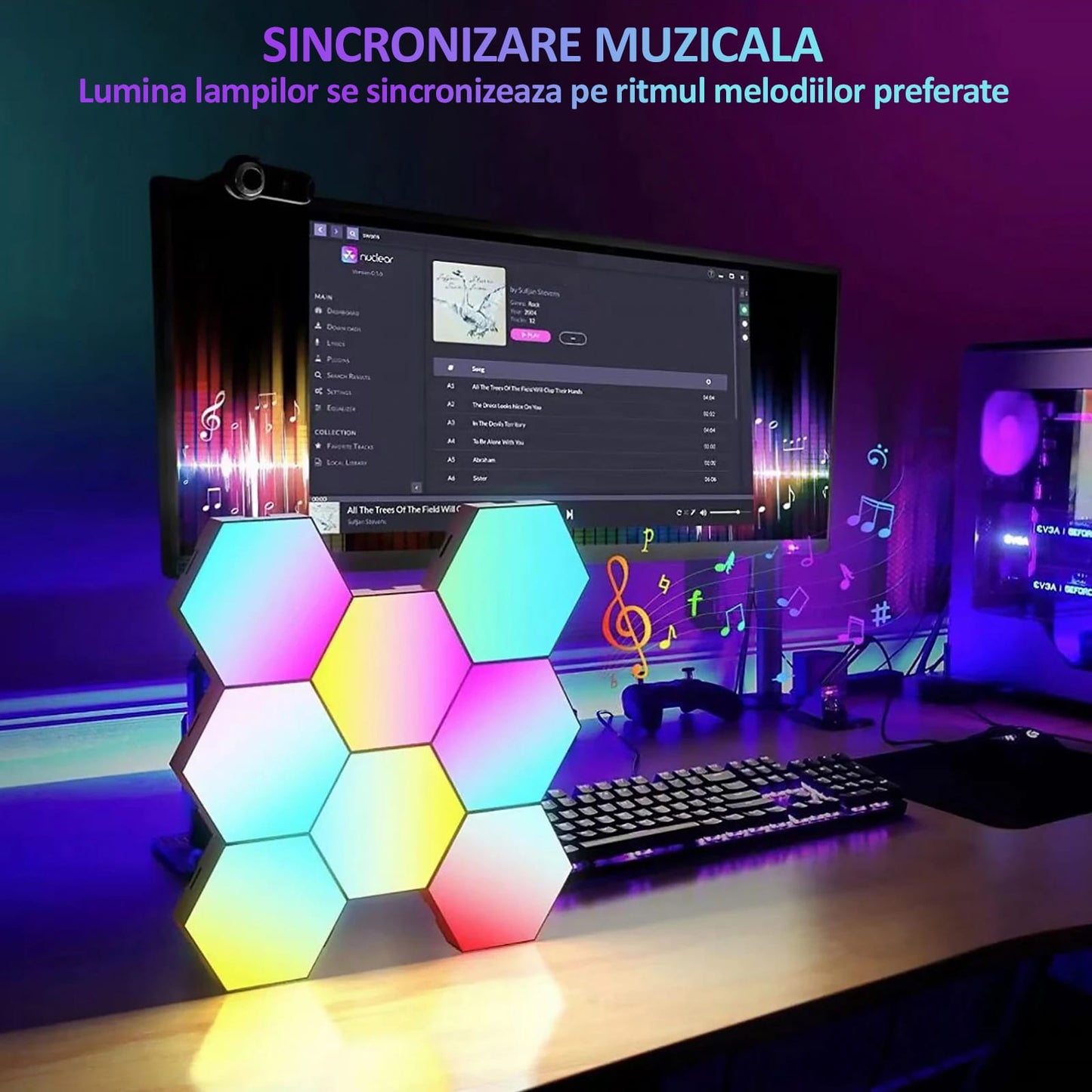 Set 8 lampi RGB hexagonale modulare de perete, NEXTLY, control prin aplicatie, telecomanda, moduri multiple, sincronizare muzicala, microfon, timer, luminozitate ajustabila