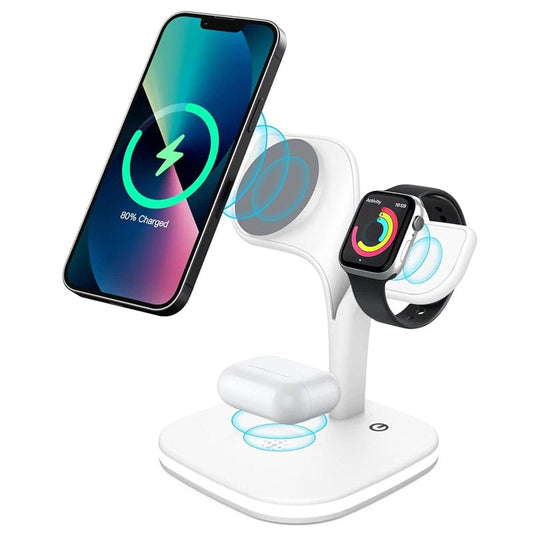 Incarcator wireless magnetic NEXTLY pentru iPhone 12/13/14 Mini/Pro/Pro Max/Plus, AirPods 2/3/Pro, Apple Watch 2/3/4/5/6/7/8/SE, Fast Charger 15W, lumina ambientala LED, suporta husa Mag Safe, alb