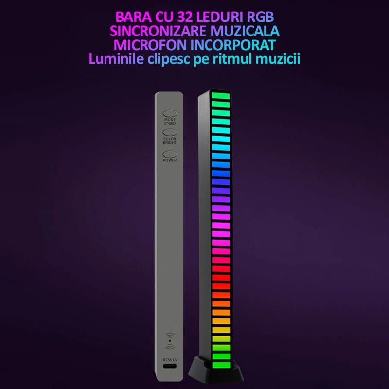 Bara cu leduri RGB, NEXTLY, sincronizare muzicala, lumini de ritm, senzor sunet, 32 leduri, activare sonora, 17 culori, moduri multiple, ajustare luminozitate si viteza, sincronizare muzicala, aliment