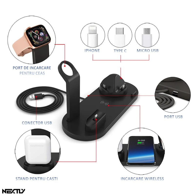 Incarcator wireless telefon 6 in 1, Apple Watch, AirPods, NEXTLY, stand rotativ cu 3 mufe Tip C, MicroUSB, iPhone, Fast Charge 15W, compatibil cu iPhone, Samsung si telefoane universale care au functi