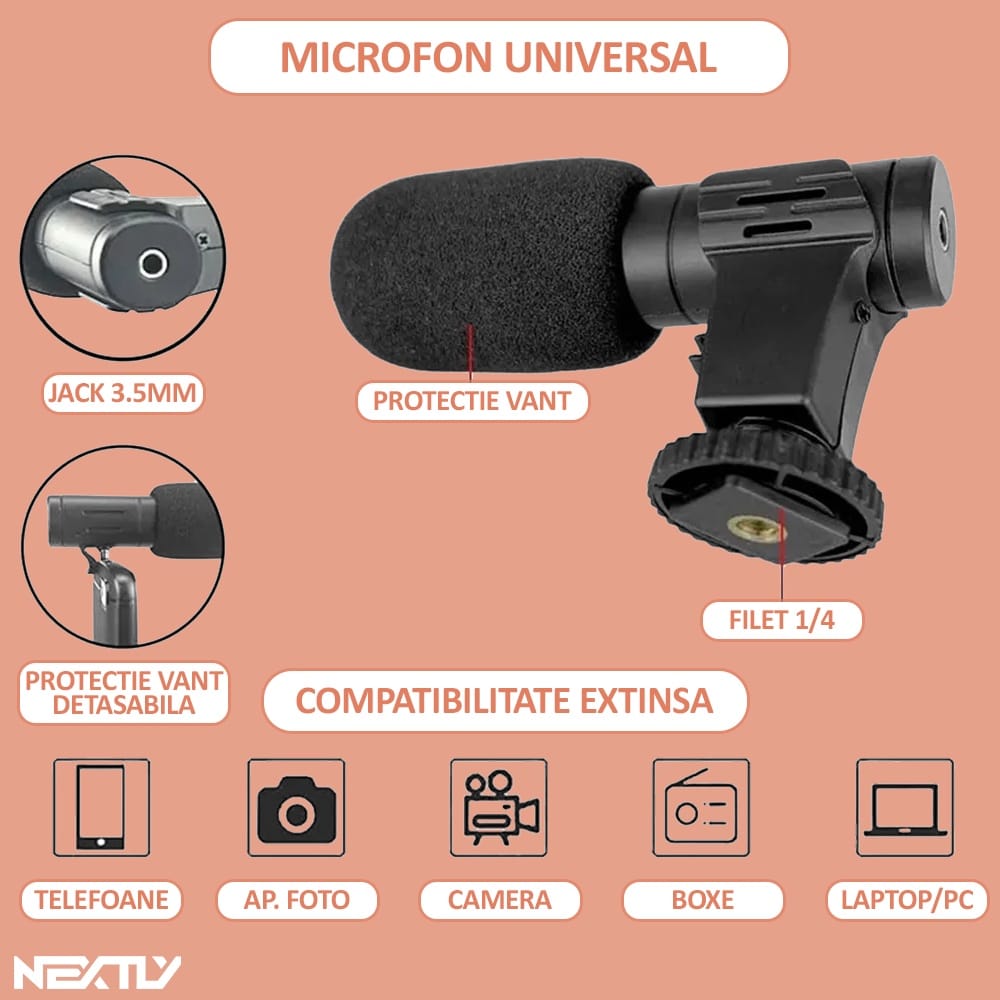 Kit vlogging streaming NEXTLY, ultra portabil, set complet, include microfon, lampa led, suport telefon, trepied, telecomanda bluetooth pentru selife, negru