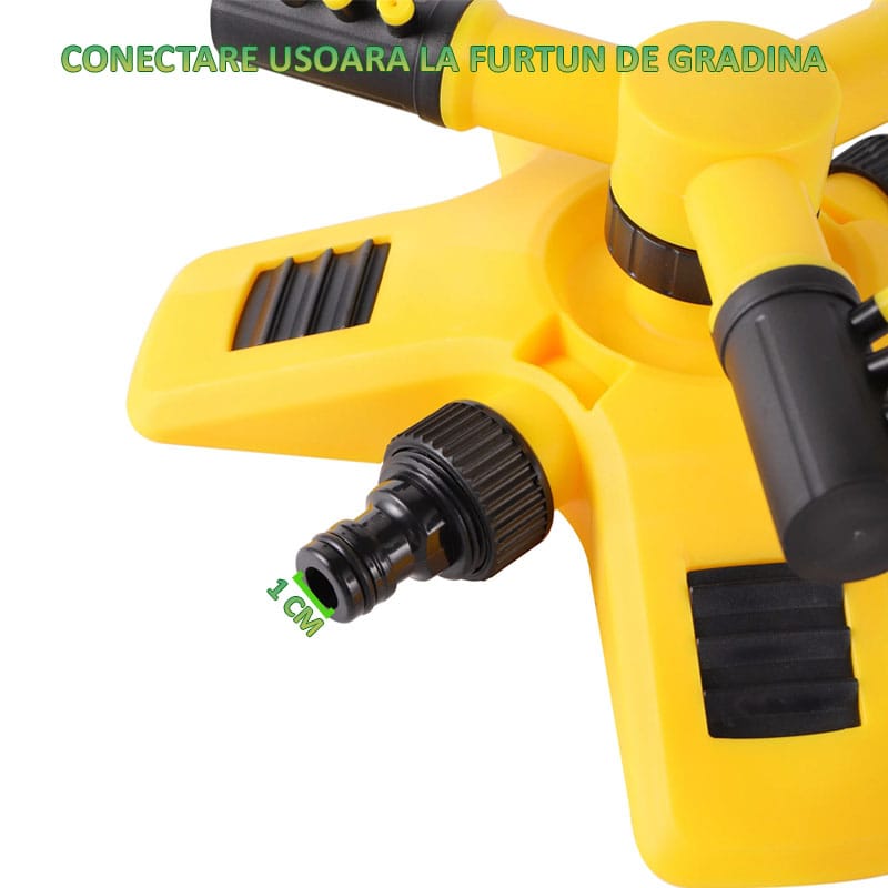 Aspersor rotativ pentru gradina NEXTLY, sistem de irigare cu 3 capete pentru gazon si plante, 2 moduri de pulverizare, rotatie 360°, conectare multipla, galben