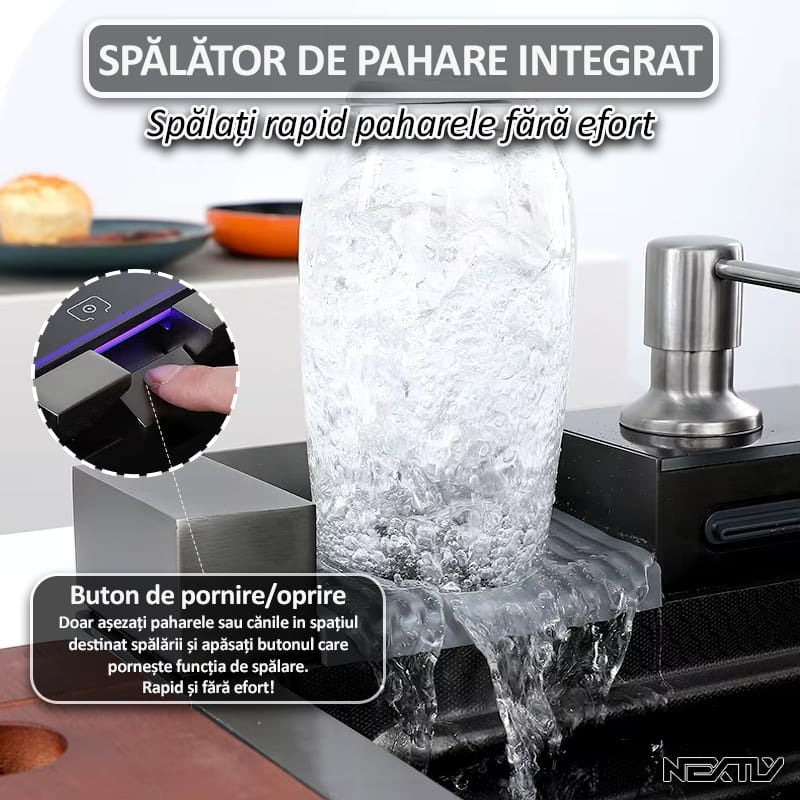 Chiuveta multifunctionala smart pentru bucatarie NEXTLY, robinet flexibil, cascada integrata, robinet tip ploaie, panou de control tactil, afisaj digital LCD, accesorii incluse, kit complet de instalare, otel inoxidabil, 68x45cm, negru grafit
