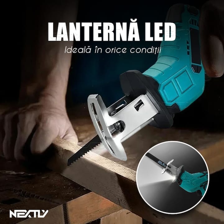 Fierastrau electric tip sabie NEXTLY, 2 acumulatori de 48V, 4 lame, lemn/metal, taiere alternativa, 3000 curse pe minut, 0-100mm capacitate de taiere, cursa de 20mm, tip soricel, negru-albastru