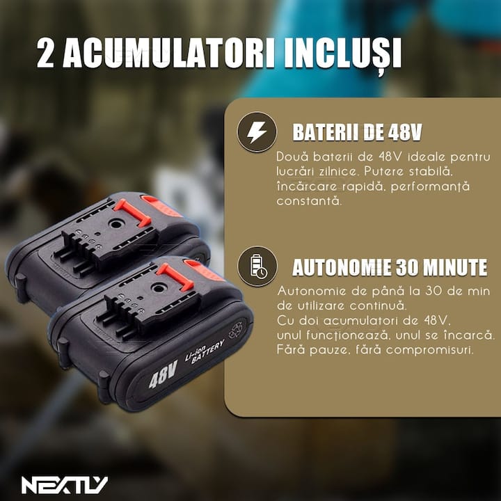 Fierastrau electric tip sabie NEXTLY, 2 acumulatori de 48V, 4 lame, lemn/metal, taiere alternativa, 3000 curse pe minut, 0-100mm capacitate de taiere, cursa de 20mm, tip soricel, negru-albastru