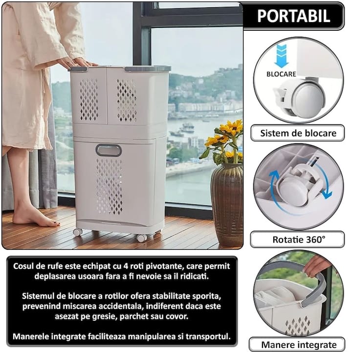 Cos de rufe, jucarii copii si alte obiecte NEXTLY, 3 compartimente, 4 roti detasabile, 2 cosuri cu maner detasabile, aplicabile pe perete, deschidere rabatabila, sistem de aerisire, 28x40x74cm, alb-gri