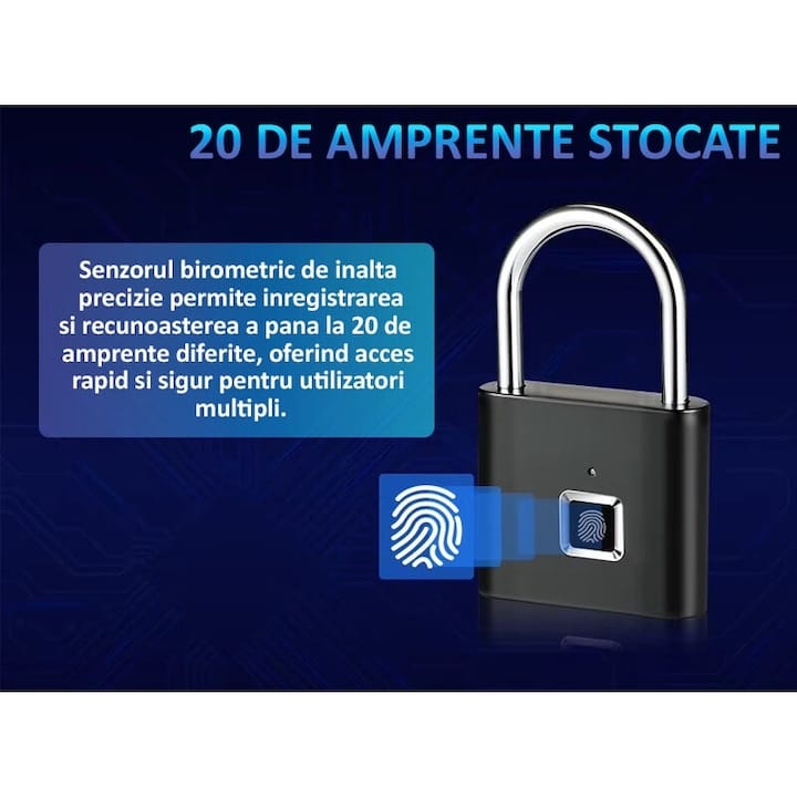 Lacat cu amprenta digitala NEXTLY, pentru interior/exterior, pana la 20 de amprente stocate, deblocare rapida 0.2s, incarcare cablus USB Tip C, waterproof, aliaj de zinc si otel, anti-spargere/anti-ta