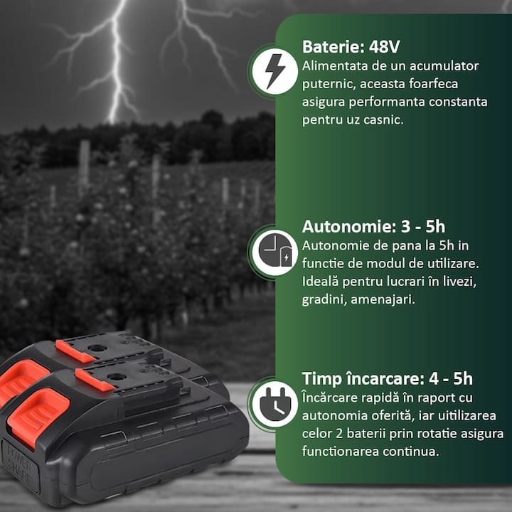 Foarfeca electrica pentru gradinarit NEXTLY, 2 acumulatori de 48V inclusi, pentru taiat via, crengi, diametru taiere 25mm, geanta transport si depozitare inclusa, accesorii, piatra ascutit, incarcator, albastru
