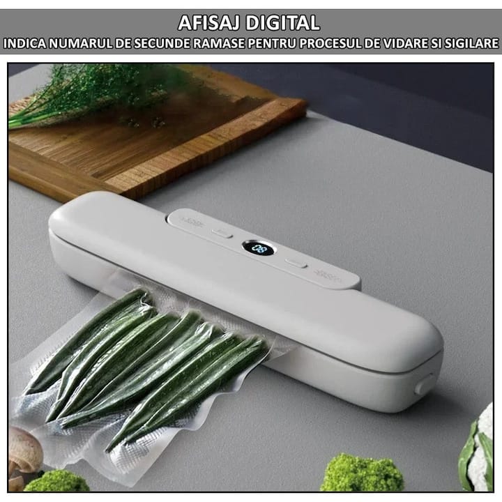 Set aparat de vidat si sigilat alimente umede/uscate + 6 role 500x17cm NEXTLY, functii de vidare si sigilare in mod automat/manual/separat, timp reglabil, afisaj digital secunde ramase, 30cm bara de lipire, protectie supraincalzire, 120W, alb