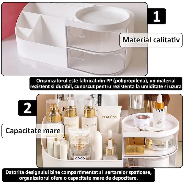 Organizator de cosmetice, bijuterii, accesorii si alte obiecte NEXTLY, oglinda detasabila si reglabila cu touch control, 3 moduri de iluminare, compartimentat, 14x26x9cm S, roz