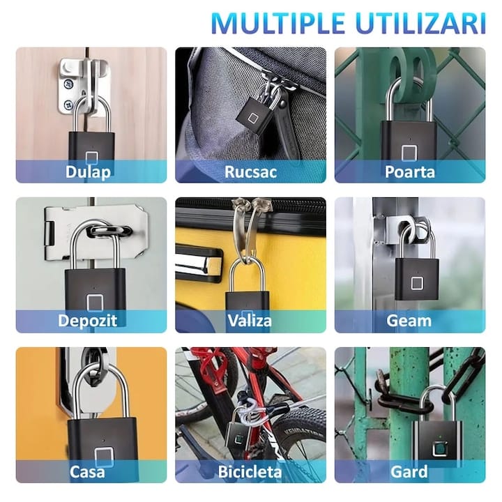 Lacat cu amprenta digitala NEXTLY, pentru interior/exterior, pana la 20 de amprente stocate, deblocare rapida 0.2s, incarcare cablus USB Tip C, waterproof, aliaj de zinc si otel, anti-spargere/anti-ta