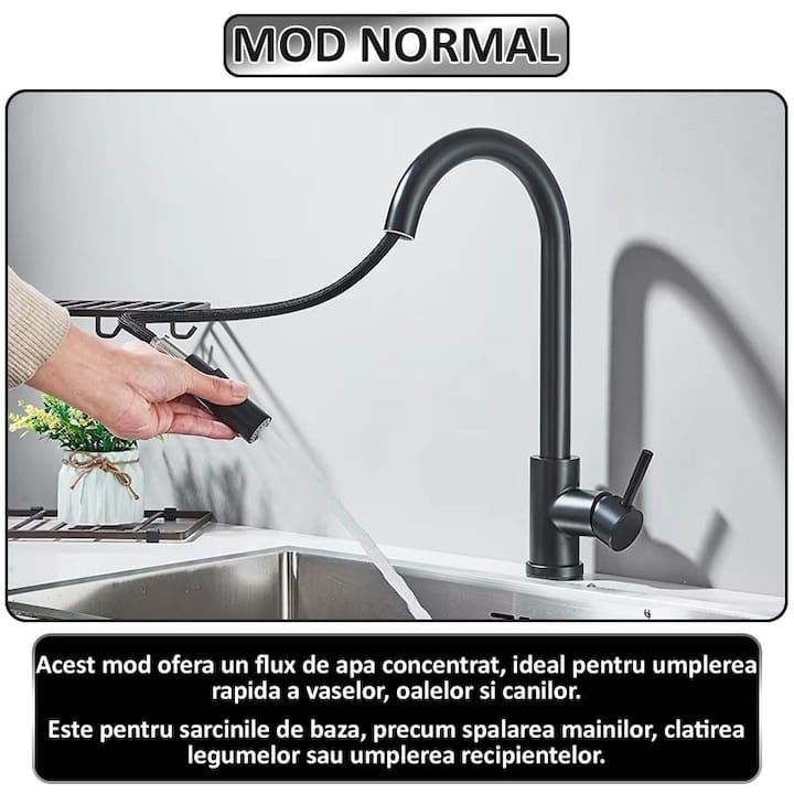 Baterie pentru chiuveta tip lebada NEXTLY, rotire la 360°, cap extensibil si retractabil, 2 tipuri de jet - normal si tip ploaie, 1-12 negru mat