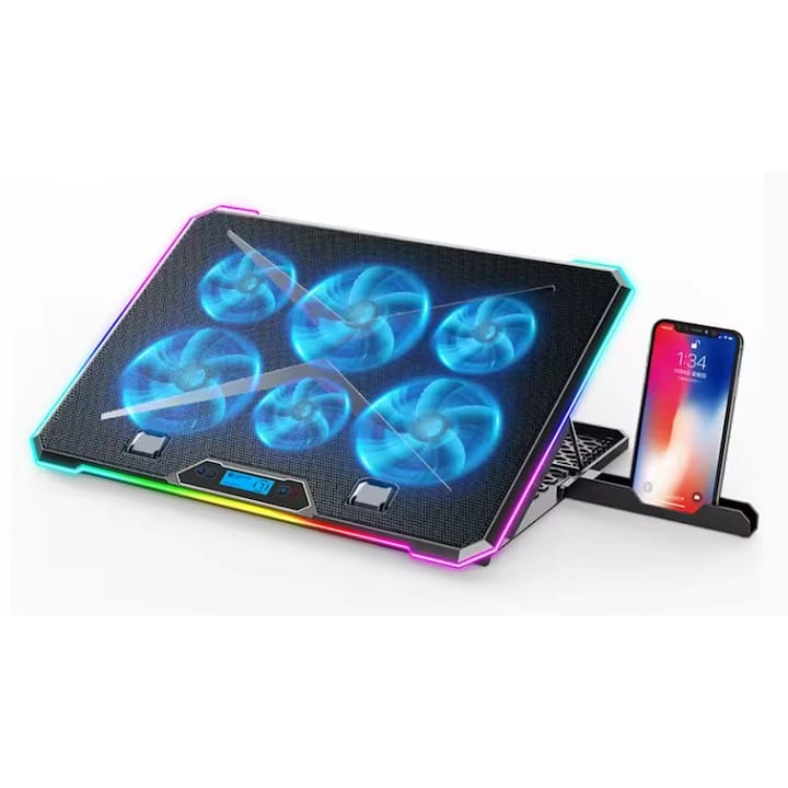 Cooler laptop cu suport de telefon NEXTLY, 6 ventilatoare cu viteza reglabila, ecran LCD, 7 moduri de iluminare RGB, 8 trepte de ajustare, 2 porturi USB, compatibil cu laptop-uri de pana la 18inch, 415x298mm, negru