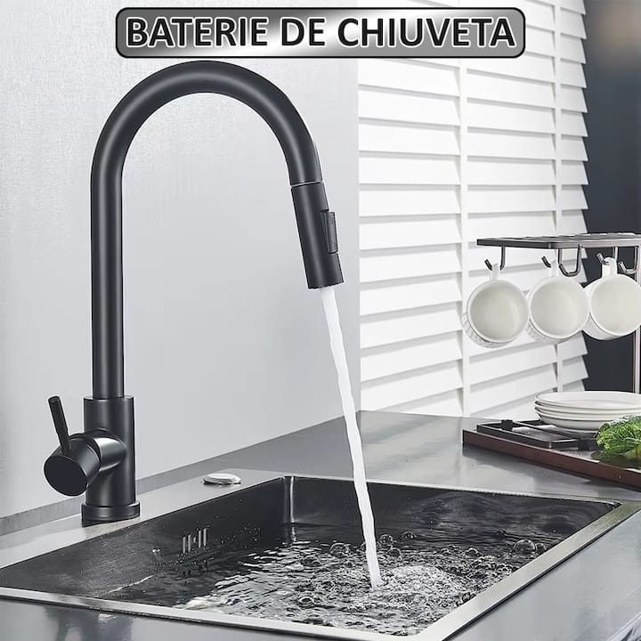 Baterie pentru chiuveta tip lebada NEXTLY, rotire la 360°, cap extensibil si retractabil, 2 tipuri de jet - normal si tip ploaie, 1-12 negru mat