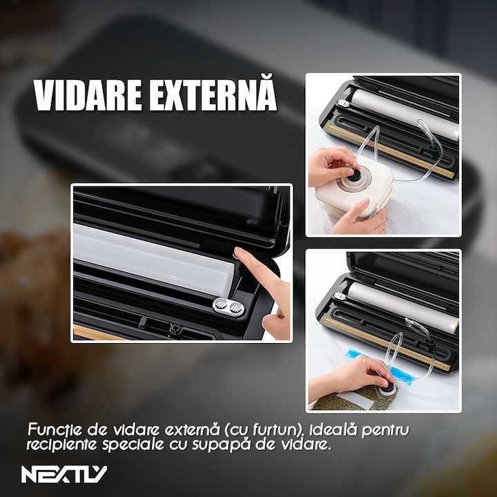 Set aparat de vidat cu vacuum alimente umede/uscate + 6 role 17cm NEXTLY, functii de vidare si sigilare in mod automat/manual/separat, vidare externa, buton oprire, spatiu depozitare rola de vidat 28cm, lama integrata pentru taiere, 110W, 85kpa, negru