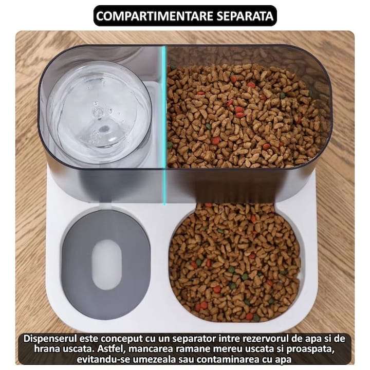Dispenser automat mancare si apa animale NEXTLY, pentru pisici si caini de orice talie, compartimentare separata, rezervor transparent cu capac, capacitata apa 1l, capacitate hrana 2.8l, material ABS, non-toxic, alb-negru