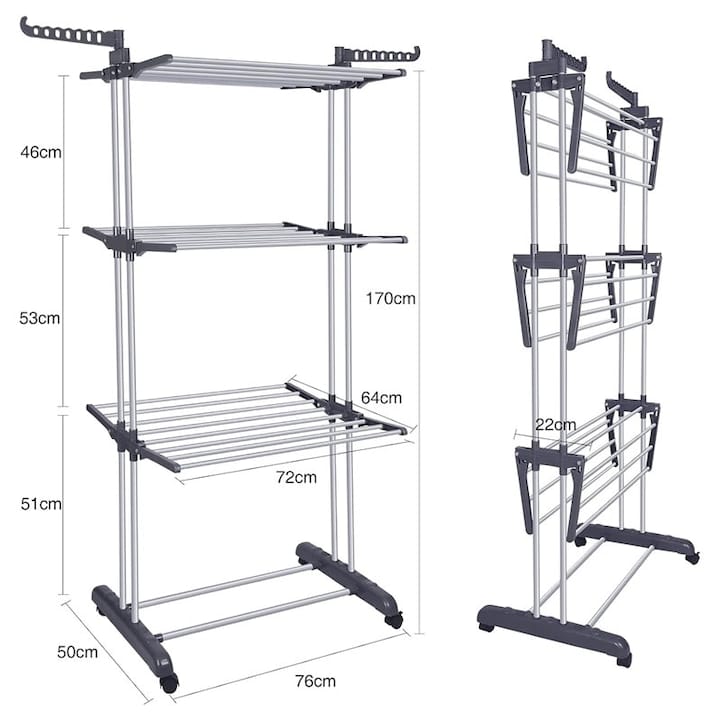 Uscator vertical pentru rufe si incaltaminte NEXTLY, 3 niveluri, suport umerase, pliabil, portabil, mobil, ergonomic, gri