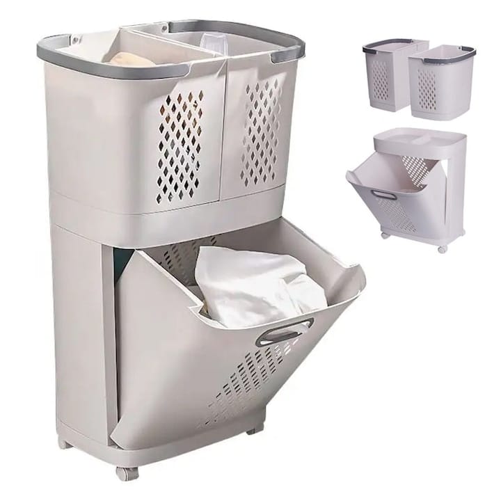 Cos de rufe, jucarii copii si alte obiecte NEXTLY, 3 compartimente, 4 roti detasabile, 2 cosuri cu maner detasabile, aplicabile pe perete, deschidere rabatabila, sistem de aerisire, 28x40x74cm, alb-gri