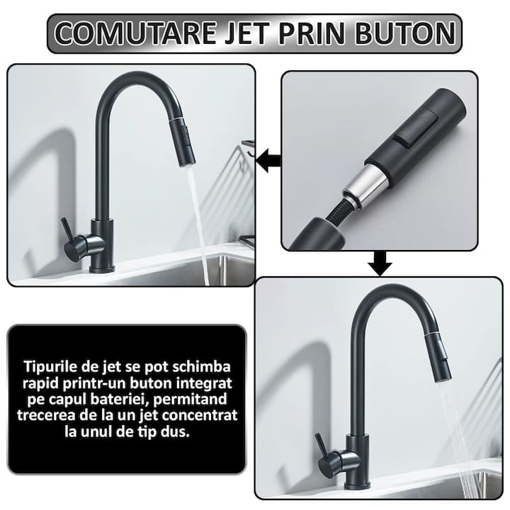 Baterie pentru chiuveta tip lebada NEXTLY, rotire la 360°, cap extensibil si retractabil, 2 tipuri de jet - normal si tip ploaie, 1-12 negru mat