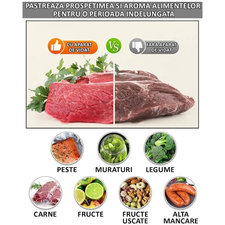 Set aparat de vidat si sigilat alimente umede/uscate + 6 role 500x17cm NEXTLY, functii de vidare si sigilare in mod automat/manual/separat, timp reglabil, afisaj digital secunde ramase, 30cm bara de lipire, protectie supraincalzire, 120W, alb