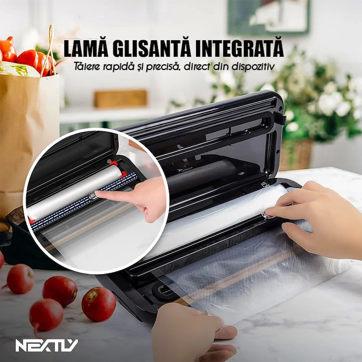 Set aparat de vidat cu vacuum alimente umede/uscate + 6 role 17cm NEXTLY, functii de vidare si sigilare in mod automat/manual/separat, vidare externa, buton oprire, spatiu depozitare rola de vidat 28cm, lama integrata pentru taiere, 110W, 85kpa, negru