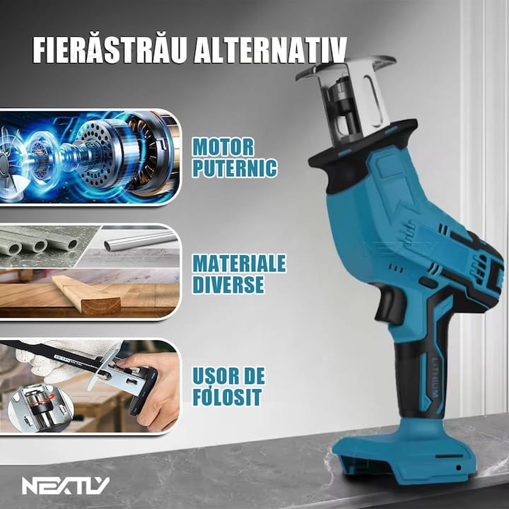 Fierastrau electric tip sabie NEXTLY, 2 acumulatori de 48V, 4 lame, lemn/metal, taiere alternativa, 3000 curse pe minut, 0-100mm capacitate de taiere, cursa de 20mm, tip soricel, negru-albastru