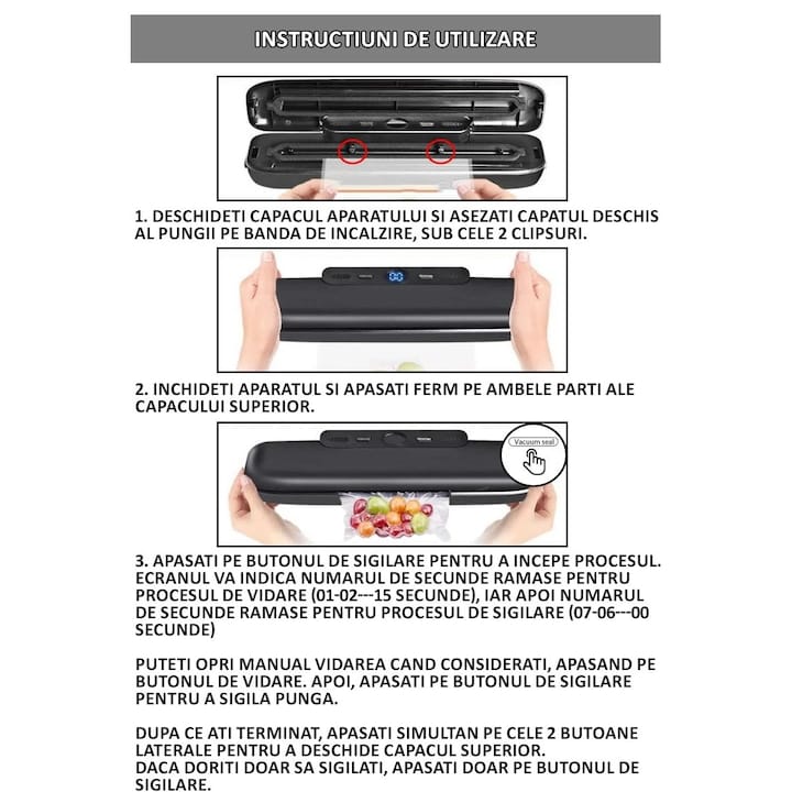 Set aparat de vidat si sigilat alimente umede/uscate + 6 role 500x17cm NEXTLY, functii de vidare si sigilare in mod automat/manual/separat, timp reglabil, afisaj digital secunde ramase, 30cm bara de lipire, protectie supraincalzire, 120W, alb