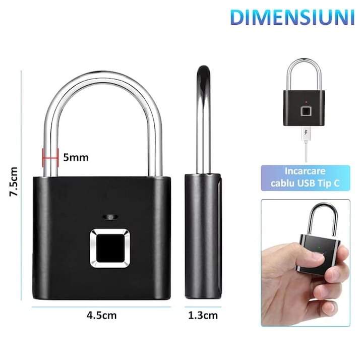 Lacat cu amprenta digitala NEXTLY, pentru interior/exterior, pana la 20 de amprente stocate, deblocare rapida 0.2s, incarcare cablus USB Tip C, waterproof, aliaj de zinc si otel, anti-spargere/anti-ta