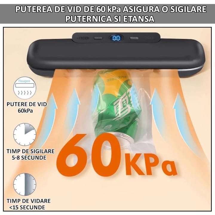 Set aparat de vidat si sigilat alimente umede/uscate + 6 role 500x17cm NEXTLY, functii de vidare si sigilare in mod automat/manual/separat, timp reglabil, afisaj digital secunde ramase, 30cm bara de lipire, protectie supraincalzire, 120W, alb
