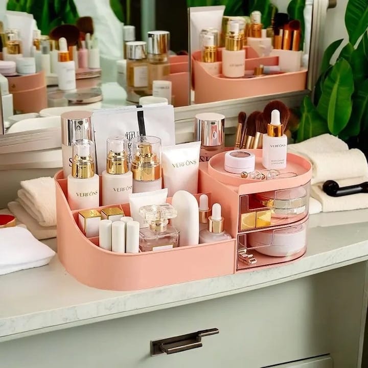 Organizator de cosmetice, bijuterii, accesorii si alte obiecte NEXTLY, oglinda detasabila si reglabila cu touch control, 3 moduri de iluminare, compartimentat, 14x26x9cm S, roz