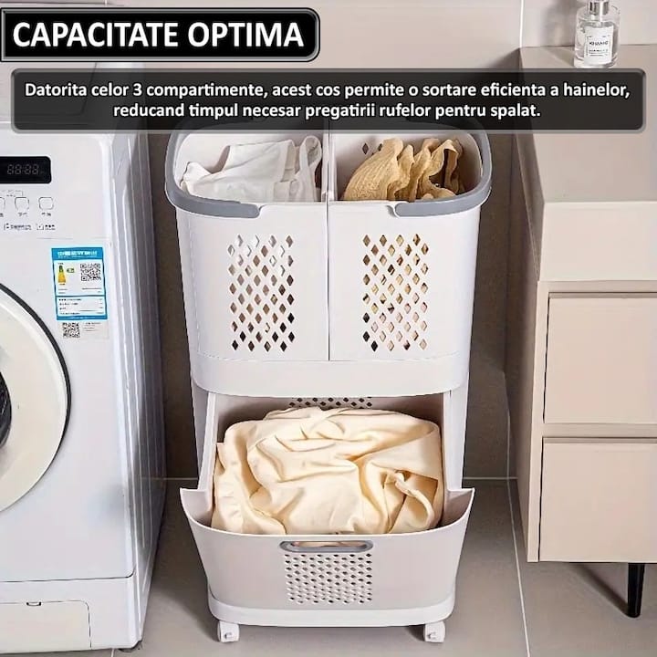 Cos de rufe, jucarii copii si alte obiecte NEXTLY, 3 compartimente, 4 roti detasabile, 2 cosuri cu maner detasabile, aplicabile pe perete, deschidere rabatabila, sistem de aerisire, 28x40x74cm, alb-gri