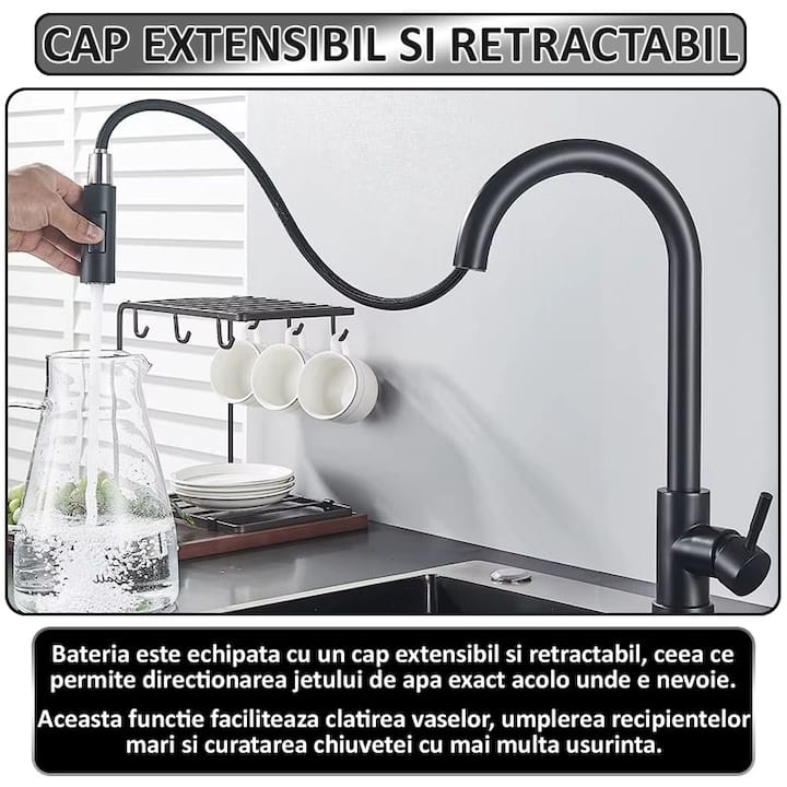 Baterie pentru chiuveta tip lebada NEXTLY, rotire la 360°, cap extensibil si retractabil, 2 tipuri de jet - normal si tip ploaie, 1-12 negru mat