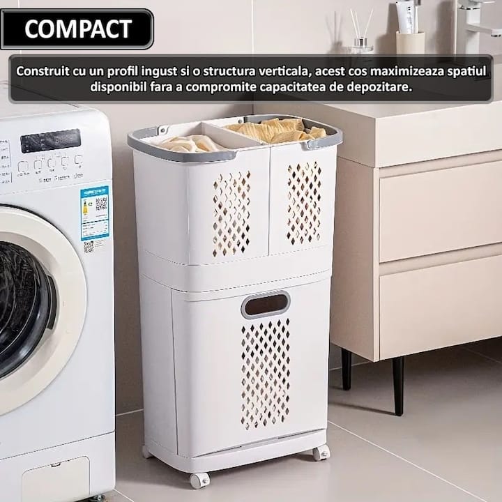 Cos de rufe, jucarii copii si alte obiecte NEXTLY, 3 compartimente, 4 roti detasabile, 2 cosuri cu maner detasabile, aplicabile pe perete, deschidere rabatabila, sistem de aerisire, 28x40x74cm, alb-gri