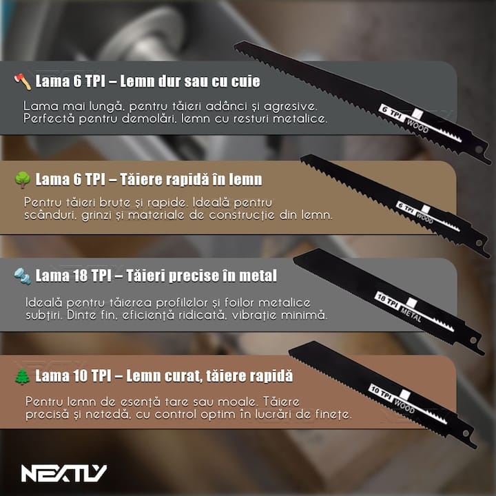 Fierastrau electric tip sabie NEXTLY, 2 acumulatori de 48V, 4 lame, lemn/metal, taiere alternativa, 3000 curse pe minut, 0-100mm capacitate de taiere, cursa de 20mm, tip soricel, negru-albastru