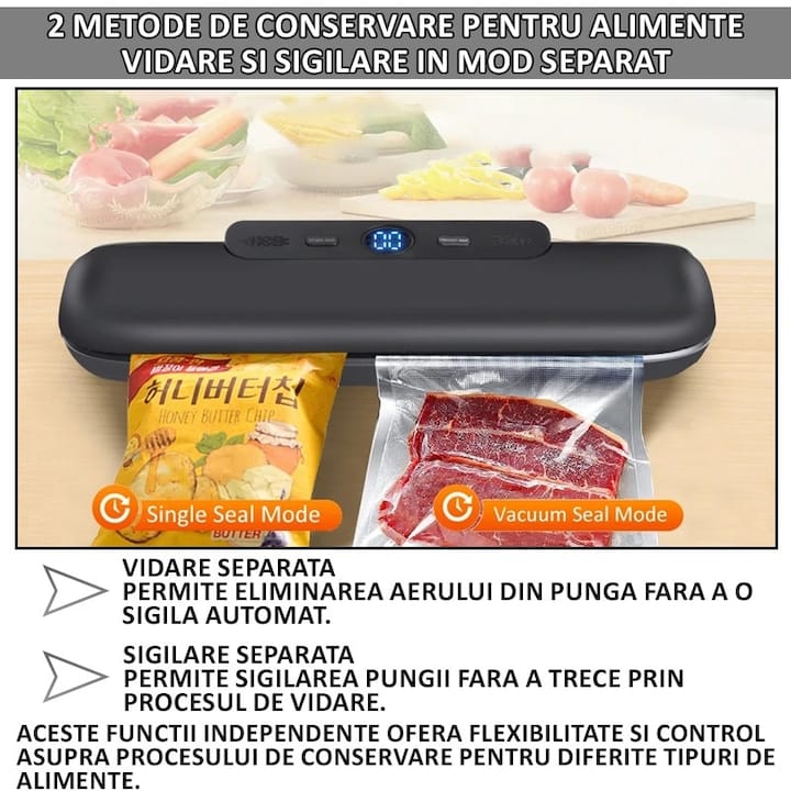 Set aparat de vidat si sigilat alimente umede/uscate + 6 role 500x17cm NEXTLY, functii de vidare si sigilare in mod automat/manual/separat, timp reglabil, afisaj digital secunde ramase, 30cm bara de lipire, protectie supraincalzire, 120W, alb